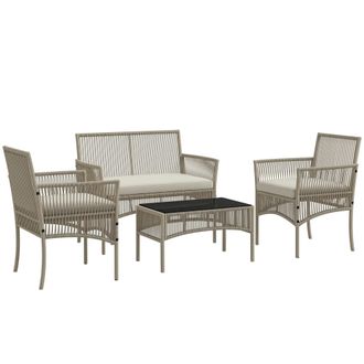 OUTSUNNY Conjunto De Jard&iacute;n De Rat&aacute;n De 4 Piezas, Que Incluye 2 Sillones, Un Sof&aacute; Y Una Mesa De Centro, En Color Caqui Y Negro