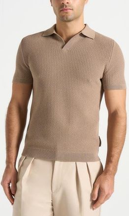 Mani&egrave;re De Voir Rowen Textured Knit Revere Polo Shirt in Taupe at Nordstrom, Size X-Small