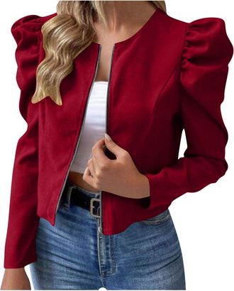 Generic Womens Coats Ladies Elegant Puff Sleeve Jackets Trendy Zip Up Long Sleeve Business Casual Outerwear Lightweight Solid Color Coats Work Office Cropped 