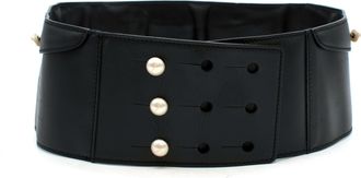 Chanel Faux Pearl Black Leather Logo Waist Belt