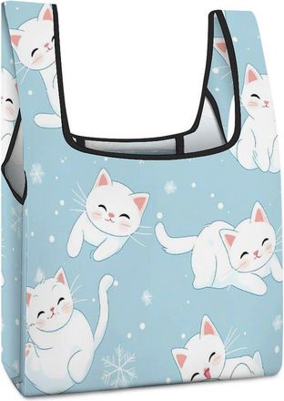 Generic Cute Cat Snowflakes Reusable Shopping Bags Lightweight Foldable Grocery Bag Polyester Washable Tote Bag