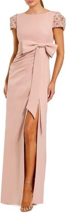 Mac Duggal Beaded Cap Sleeve Crepe Gown With Bow and Slit in Dusty Rose at Nordstrom, Size 14