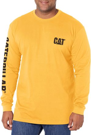 CAT Caterpillar Trademark Banner Long Sleeve Tee Shirts for Men with Center Back Neck Wire Management Loop Workwear Logo, Yellow, Large