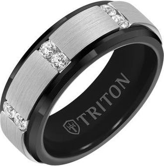 Triton 8MM Tungsten Diamond Ring with Vertical Channel Set Silver Satin Finish and Bevel Edge in Metallic Silver at Nordstrom, Size 10.5