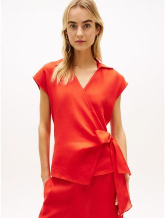 Tommy Hilfiger Womens Sleeveless Linen Wrap Top - Orange - 12