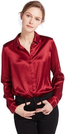 LilySilk Silk Blouse for Women Button Down Shirt Tops Point Collar Long Sleeve 100% Silk Claret Size 10/S