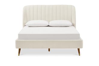 Castlery White Upholstered Queen Bed with Channel Tufted Winged Headboard for Women