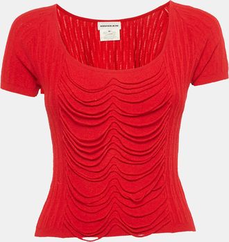 MUGLER Red Rib Knit Short Sleeve Top