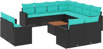 vidaXL Set De Sof&aacute;s De Jard&iacute;n Y Cojines 12 Pzas Rat&aacute;n Sint&eacute;tico Negro Vidaxl