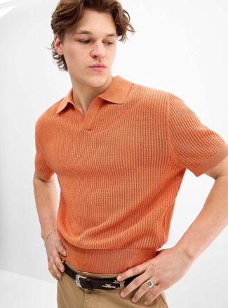 Djab Mens Pointelle stripe Johnny-collar polo