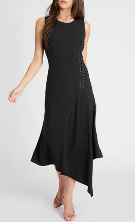 Santorelli Kylie Sleeveless Asymmetric Midi Crepe Dress in Black at Nordstrom, Size 12