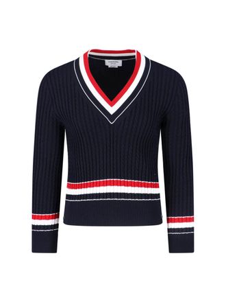 Thom Browne Navy Ribbed Cotton V-Neck Sweater