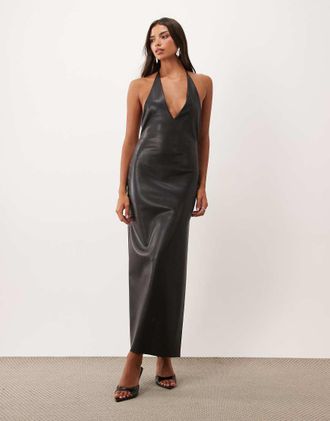 Asos vestito maxi nero con scollo profondo in similpelle PU