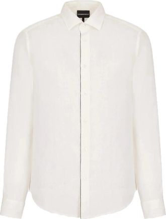 Emporio Armani Wit linnen overhemd met contrasterend logo - Heren - Zakelijke Overhemden - Wit - 2XL - Linnen - Overhemden
