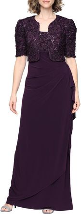 Alex Evenings Sequin Soutache Bodice Empire Waist Chiffon Gown with Bolero Jacket in Deep Plum at Nordstrom, Size 18