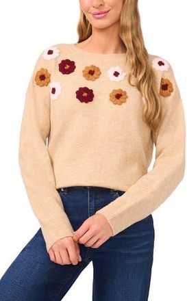 CeCe by Cynthia Steffe Embroidered Flower Sweater in Sandy Heather at Nordstrom Rack, Size Xx-Large