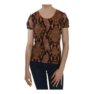 Just Cavalli Tops, Dames, Bruin, M, Snake Skin Print Short Sleeve Top