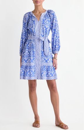 Vineyard Vines Print Tie Waist Long Sleeve Dress in Floral Breaker Blue at Nordstrom, Size Small
