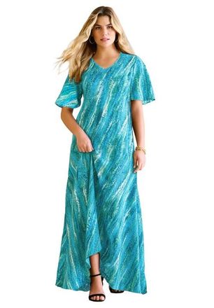 Roaman's Plus Size Hand Crinkled Flutter-Sleeve Maxi Dress in Ocean Textured Stripe at Nordstrom, Size 16P