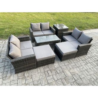 Fimous Outdoor u Shape Sofa Set Wicker pe Rattan Garden Furniture Set with Coffee Table Double Seat Sofa 2 Big Footstool Side Table Dark Grey Mixed - Fimous