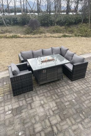 Fimous Rattan Garden Corner Furniture Gas Fire Pit Dining Table Heater Sets Lounge Chair 7 Seater in Dark Grey