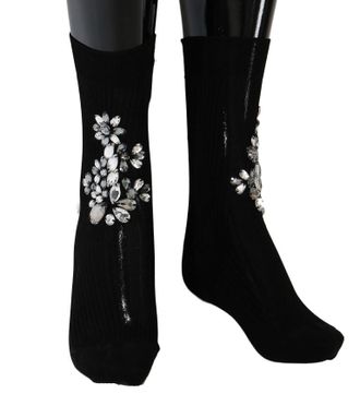 Dolce & Gabbana Black Knitted Floral Clear Crystal Womens Socks