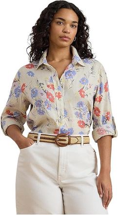 Lauren Ralph Lauren Plus Size Relaxed Fit Floral Linen Shirt Womens Clothing Cream : 3X