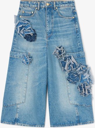 Ganni Blue Baggy Cropped Jeans in Flower Print Denim - Size 24W/33L Organic Cotton
