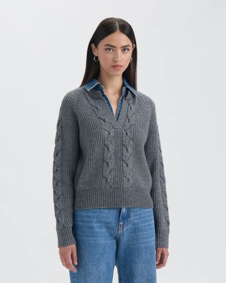 NVLT Womens Twofer Cable Front Sweater with Denim Collar