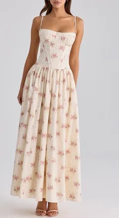 House of CB Rona Floral Stretch Cotton Maxi Cocktail Dress in Cream Rose Print at Nordstrom, Size X-Small