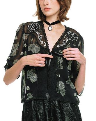 Anna Sui Lily and Roses Chiffon Combo Embroidered Bed Jacket in Black at Nordstrom, Size Medium