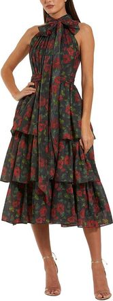 Mac Duggal Printed Chiffon Tie Neck Tiered Ruffle Ankle Dress