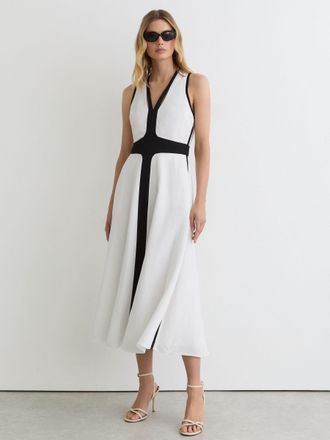 Reiss Contrast-trim Cross-back Midi Dress With Linen, 16