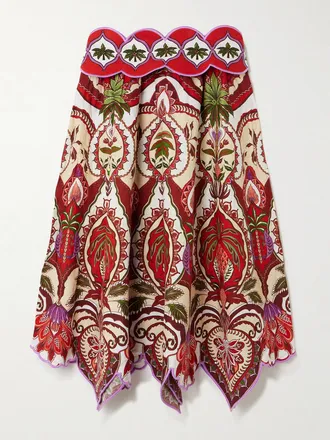 Farm Rio Gonna Midi In Misto Lino Stampato Smerlato Odara - Rosso