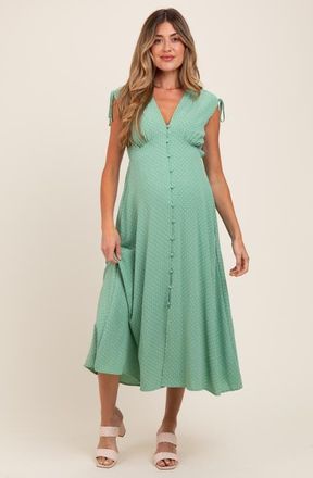 Pinkblush Button-Down Polka Dot Shirred Bow Midi Dress in Green at Nordstrom, Size Medium
