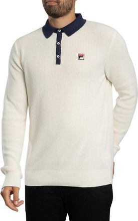 Fila Mens Nowell Waffle Knitted Longsleeved Polo Shirt, Gardenia/Navy, M
