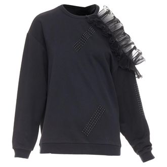Christopher Kane black cotton ruffle frill cut out shoulder studded sweatshirt S
