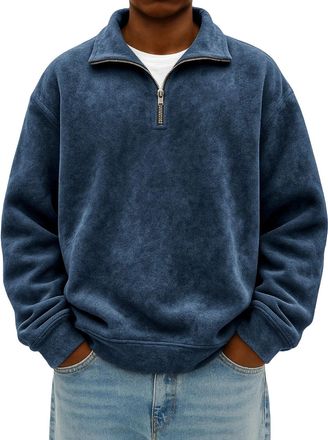 Generic Quarter Zip Up Sweatshirts Fleece Jacket Mens Thermal Loose Fit Pullover Stand Collar Shirts Fashion Casual Sweatshirt Winter Warm Sweaters 1/4 Zipper