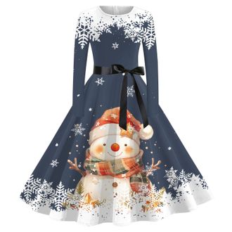 Generic Christmas Dress Women UK Xmas Santa Reindeer Snowflake Christmas Tree Printed A Line Dresses Long Sleeve Cocktail Girl Party Knee Length Dresses O Nec