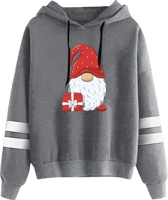 Generic Autumn Winter Christmas Hoodies for Women UK Casual Loose Dwarf Gonk Print Cropped Jumpers Sweatshirts Plus Size Lightweight Warm Hoodies Going Out To