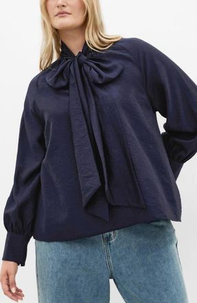 City Chic Kelsey Bow Neck Long Sleeve Crepe Top in Navy at Nordstrom, Size Xxs