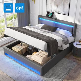 Matteo Upholstered King Size Bed with USB Port LED Lighting & Storage in Grey