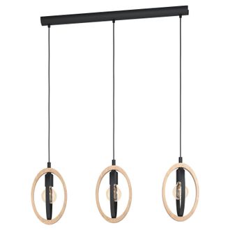 Loops Hanging Ceiling Pendant Light Black & Wood Hoop Shade 3 x 40W E27 Bulb