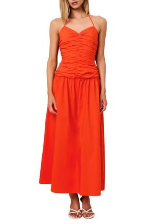 Solid & Striped The Adina Center Ruched Halter Neck Stretch Cotton Maxi Dress in Habanero at Nordstrom, Size X-Large