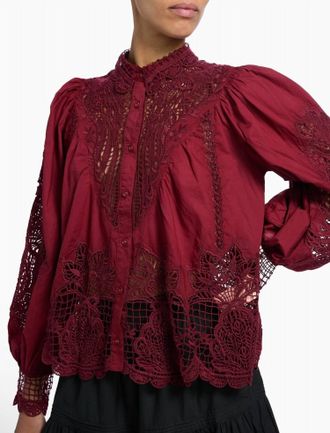 Farm Rio Guipure Lace Cotton Button-Up Shirt In Burgundy