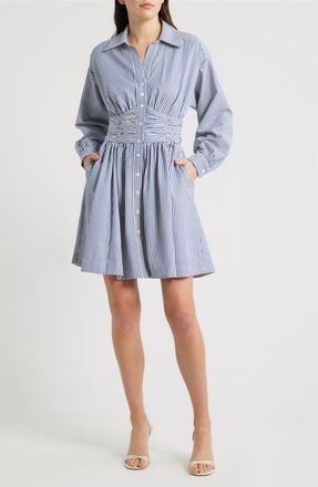 Julia Jordan Stripe Long Sleeve Seersucker Mini Shirtdress in Blue Multi at Nordstrom, Size 16