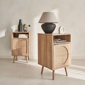Sweeek Pair Of Wood & Rounded Cane Rattan Bedside Tables in Light Brown
