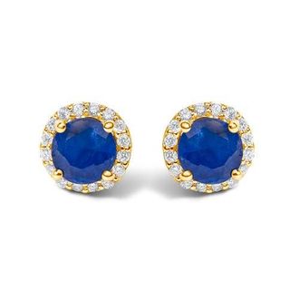 House of Brilliance 10K Gold Gemstone and 1/6 Cttw Diamond Halo Stud Earring in Yellow | Blue Sapphire at Nordstrom