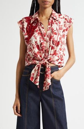 Cinq &agrave; Sept Floral Ribbons Sleeveless Shirt in Cherry Rose Multi at Nordstrom Rack, Size X-Large