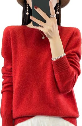 Generic Cashmere Sweaters for Women,100% Cashmere Sweater,Crew Neck Long Sleeve Soft Pullover, Crewneck Sweater Women (Red,XXL)